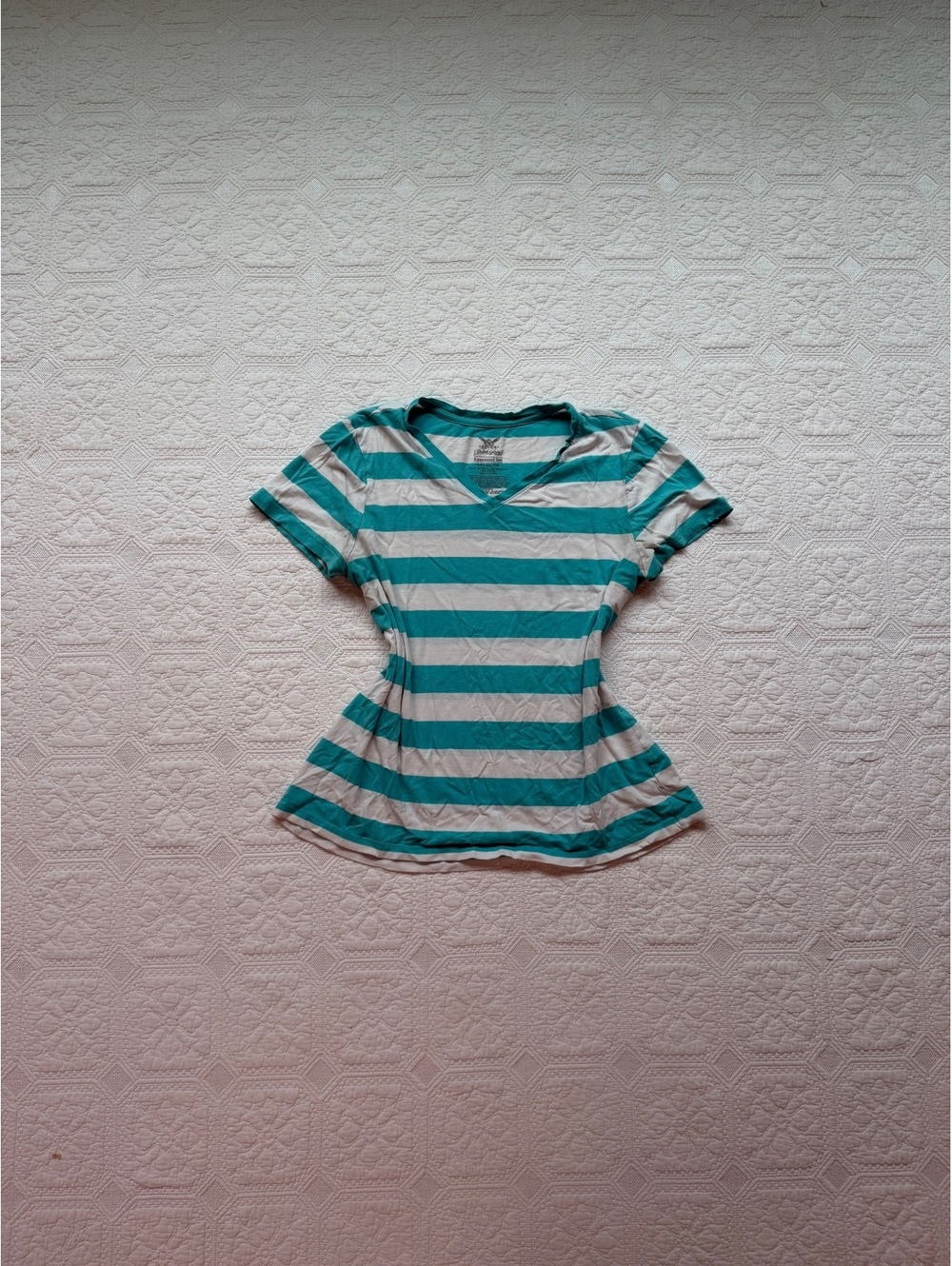 Faded glory Y2K Women's Striped V-Neck T-Shirt in Teal and White, Size large